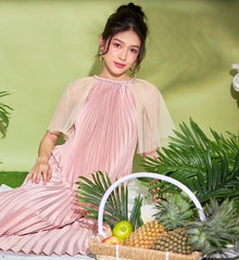 Pleated Silk Midi Dress with Sheer Cape Sleeves