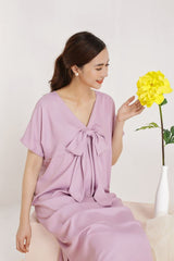 Silk Midi Dress with Front Bow Detail and Short Sleeves – Elegant Relaxed Fit Occasionwear