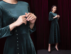 Velvet long-sleeve midi dress with pearl embellishments and soft flared silhouette