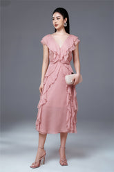 Susie V Neck Sleeveless Ruffle Formal Organza Midi Dress