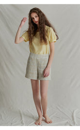 Short Sleeve Puff Linen Top with Rounded Neckline