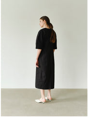 Structured Linen Midi Dress with Puff Sleeves and Tailored Seams