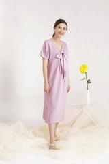 Silk Midi Dress with Front Bow Detail and Short Sleeves – Elegant Relaxed Fit Occasionwear