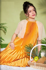 Pleated Silk Midi Dress with Sheer Flutter Sleeves