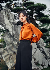 Silk Button-Neck Blouse with Bow Detail and Voluminous Sleeves