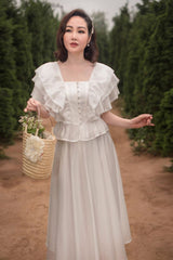 Organza Midi Dress with Tiered Ruffle Sleeves and Cinched Waist for a Romantic Garden Look