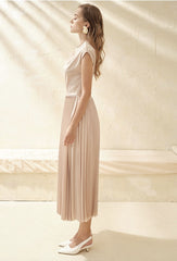 Silk Midi Dress with Draped Neckline and Knife-Pleated Skirt for Elegant Movement