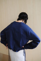 Linen V-Neck Blouse with Patch Pockets and Adjustable Drawstring Hem