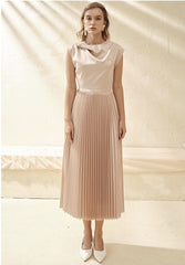 Silk Midi Dress with Draped Neckline and Knife-Pleated Skirt for Elegant Movement