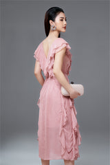 Susie V Neck Sleeveless Ruffle Formal Organza Midi Dress