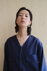 Linen V-Neck Blouse with Patch Pockets and Adjustable Drawstring Hem