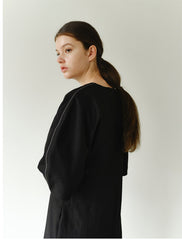 Structured Linen Midi Dress with Puff Sleeves and Tailored Seams