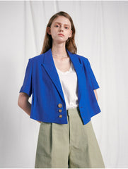 Tailored Linen Blazer with Short Sleeves and Triple Button Detail