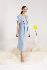 V-Neck Silk Midi Dress with Front Bow Detail