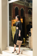 Silk Midi Dress with Puff Sleeves, Fitted Waist, and Handcrafted Floral Waist Detail