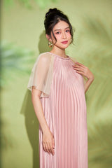 Pleated Silk Midi Dress with Sheer Cape Sleeves