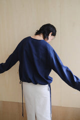 Linen V-Neck Blouse with Patch Pockets and Adjustable Drawstring Hem