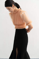 Ruffled organza blouse with pleated bodice, puff sleeves, and elastic waist detail