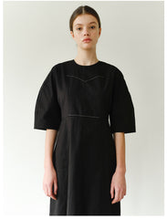 Structured Linen Midi Dress with Puff Sleeves and Tailored Seams