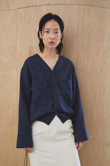 Linen V-Neck Blouse with Patch Pockets and Adjustable Drawstring Hem