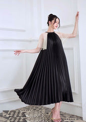 Pleated Midi Silk Dress with Sheer Flutter Sleeves