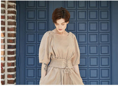 Smocked Waist Linen Midi Dress with Puff Sleeves and Back Zipper