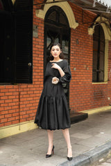 Silk Midi Dress with Puff Sleeves, Fitted Waist, and Handcrafted Floral Waist Detail