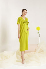 V-Neck Silk Dress with Statement Bow Tie