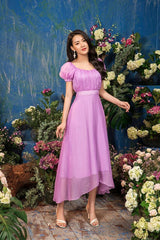 Asymmetrical Organza Midi Dress with Puff Sleeves and Ruched Bodice
