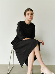 Structured Linen Midi Dress with Puff Sleeves and Tailored Seams