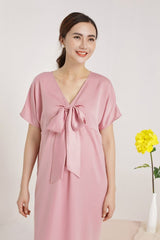 Silk Midi Dress with V-Neckline and Statement Bow