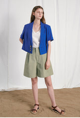 Tailored Linen Blazer with Short Sleeves and Triple Button Detail