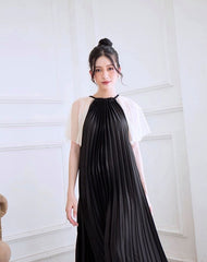 Pleated Midi Silk Dress with Sheer Flutter Sleeves