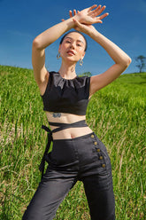 Linen Crop Top with Adjustable Back Ties and Ruched Neckline – Sleeveless Fitted Summer Blouse