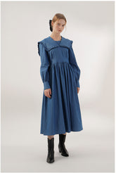 Pleated Linen Midi Dress with Ruffle Collar and Long Sleeves