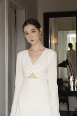 Long sleeve organza midi dress with twist-front detail and subtle cutout for elegant styling