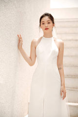 Halter Neck Silk Dress with Backless Design and High Front Slit for Elegant Occasions