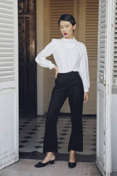 Silk blouse with structured collar and gathered sleeves for modern tailored elegance