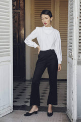Silk blouse with structured collar and gathered sleeves for modern tailored elegance