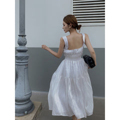 Silk midi dress with ruched bust and wide straps in fluid A-line silhouette for women