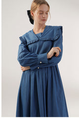 Pleated Linen Midi Dress with Ruffle Collar and Long Sleeves