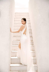 Halter Neck Silk Dress with Backless Design and High Front Slit for Elegant Occasions