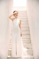 Halter Neck Silk Dress with Backless Design and High Front Slit for Elegant Occasions