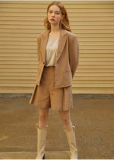 High-Waisted Pleated Linen Shorts with Side Buckle Detail