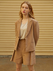 High-Waisted Pleated Linen Shorts with Side Buckle Detail