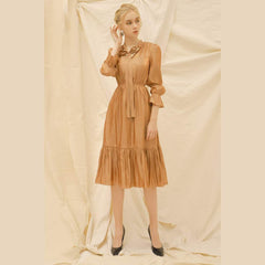 Silk organza midi dress with tie-neck detail and gathered hem for refined feminine style