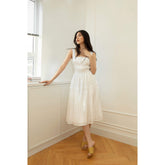 Sleeveless tiered midi dress in lightweight organza with ruched bust and flowy silhouette