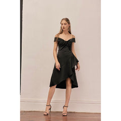 Off-shoulder silk midi dress with asymmetric hem and draped ruffle detail for evening elegance