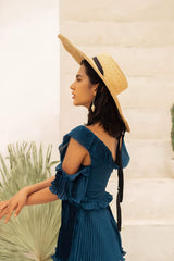 Pleated off-shoulder silk dress with ruffle trim and tiered midi-length silhouette