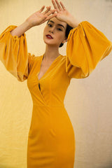 Velvet dress with plunging neckline and dramatic bishop sleeves for evening elegance